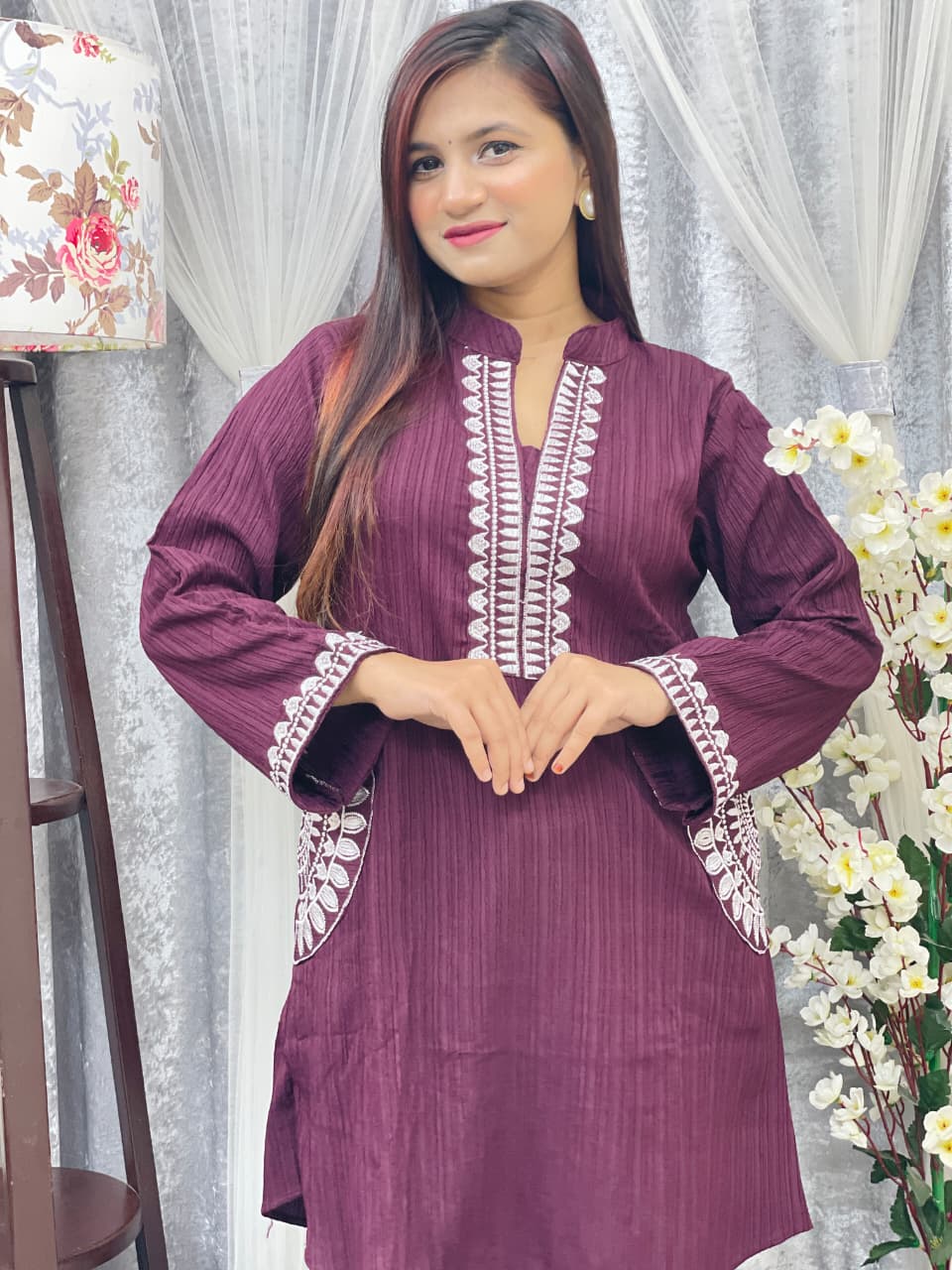 Modest Embroidery Kurti Purple