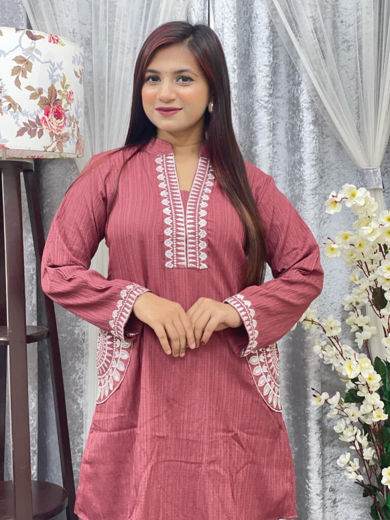 Modest Embroidery Kurti Nude Pink