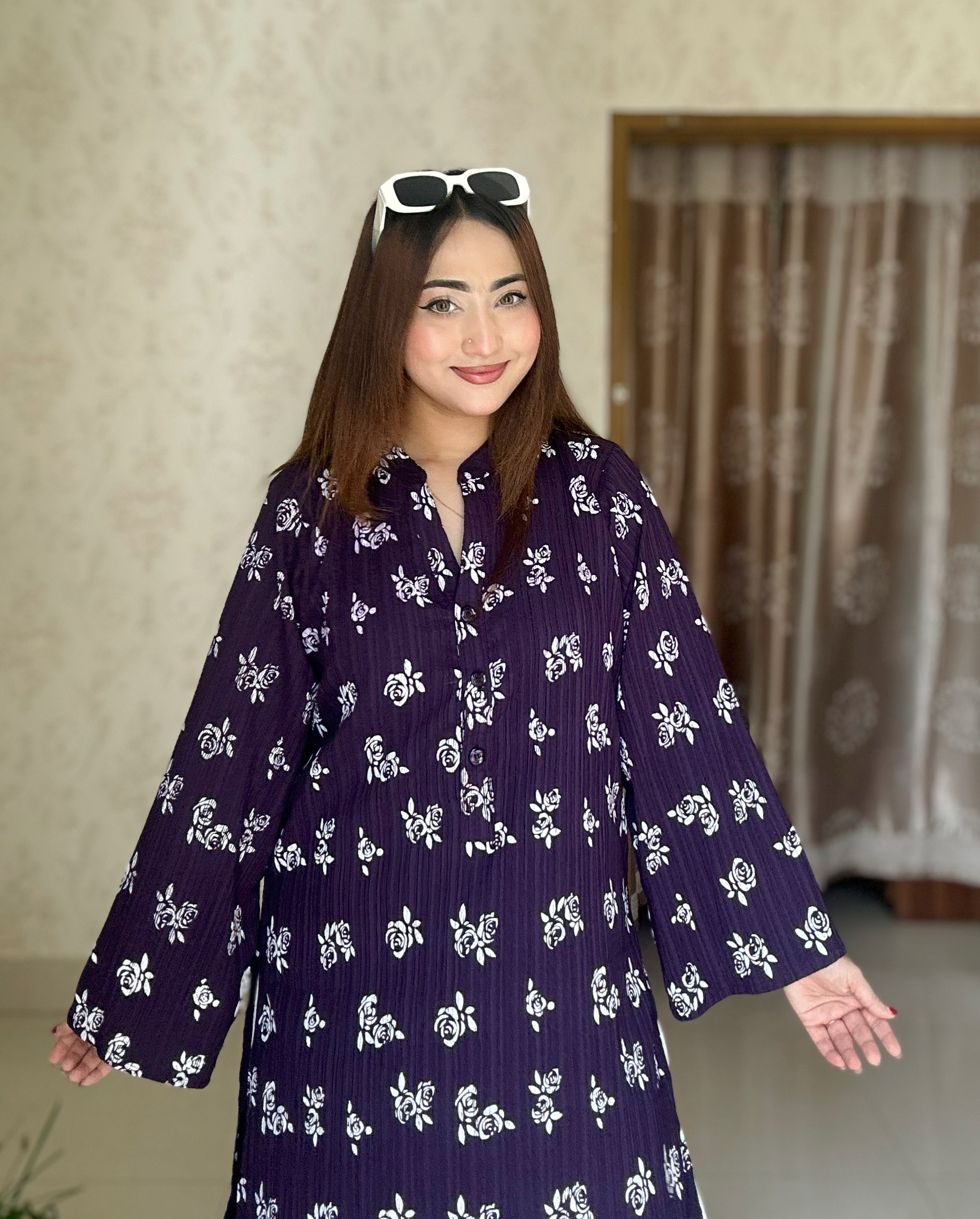 Floral Popcorn Screen Print Co-Ord Set Purple