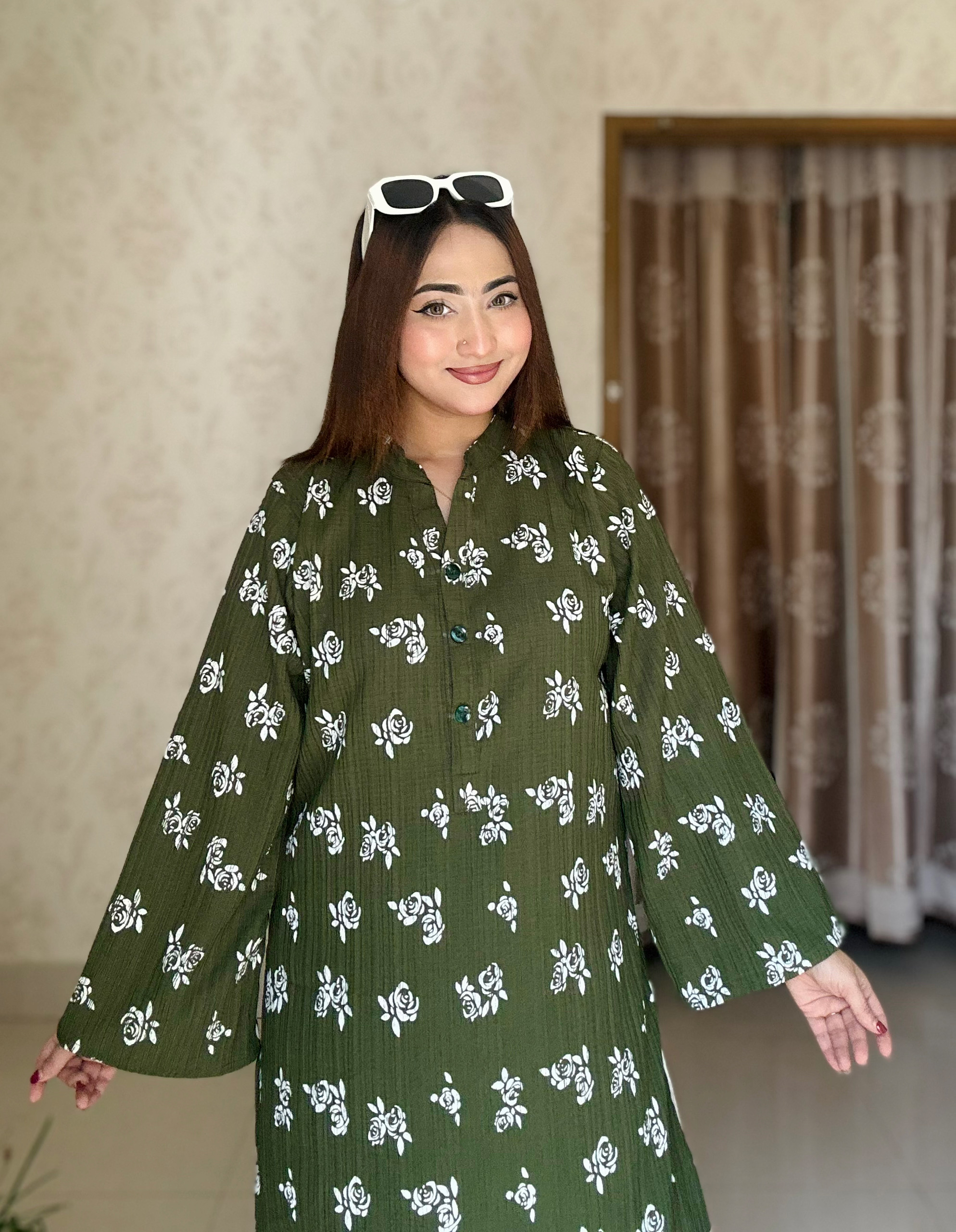 Floral Popcorn Screen Print Co-Ord Set Olive