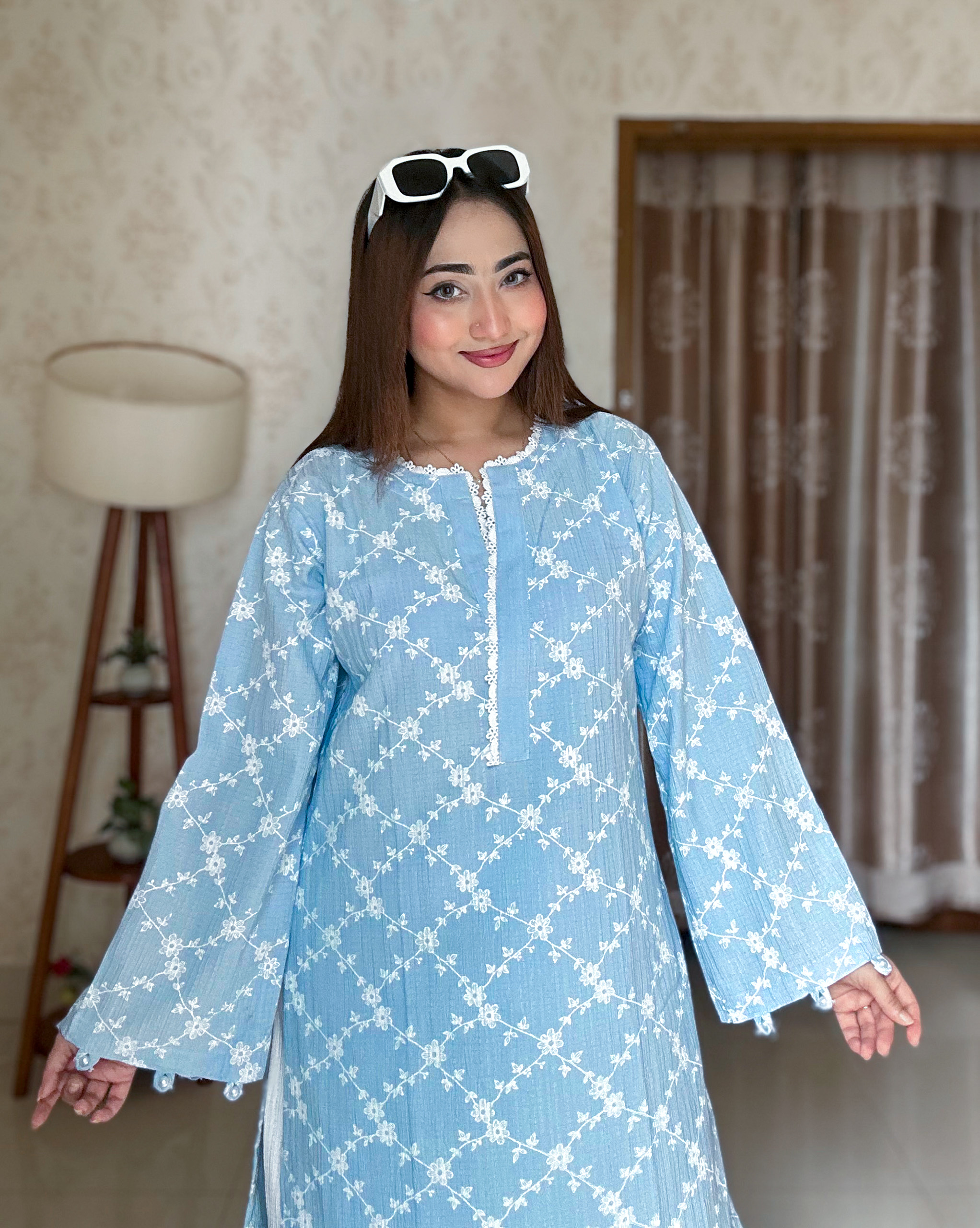 Bloom Lace Kurti (Light Sky)
